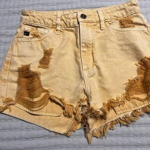 KanCan Yellow High-Waisted Distressed Jean Shorts